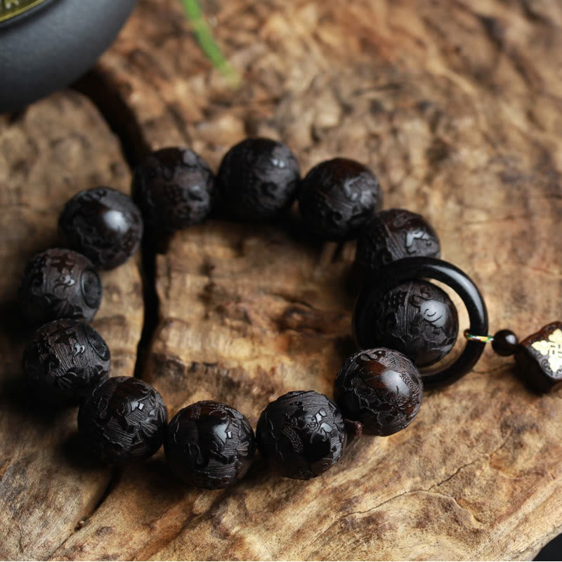 Nimara Ritual Ebony Wood Chinese Character Yin Yang Engraved Gourd Balance Bracelet