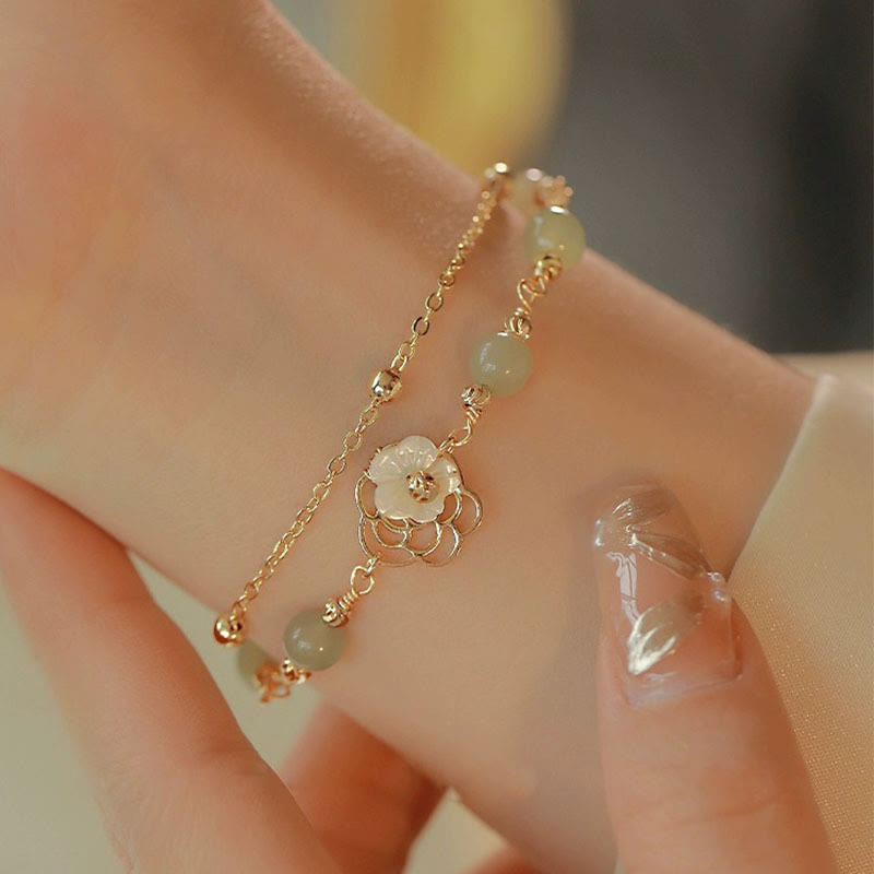 Nimara Ritual 14K Gold Plated Jade Butterfly Tridacna Stone Flower Double Layer Luck Bracelet