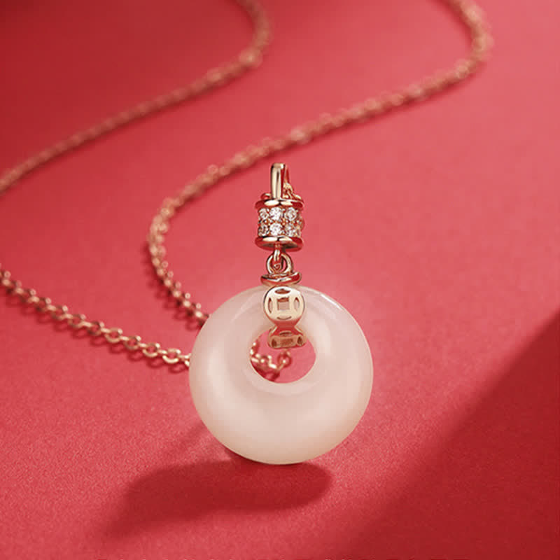 Nimara Ritual 925 Sterling Silver Hetian White Jade Coin Flower Peace Buckle Luck Necklace Pendant