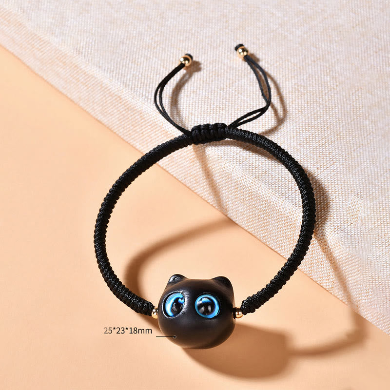 Nimara Ritual Ebony Wood Cat Head Pattern Peace King Kong Knot Braided Bracelet