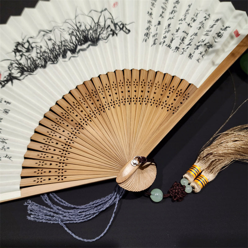 Nimara Ritual A Panorama Of Rivers And Mountains Cranes Orchid Flower Paper Bamboo Handheld Silk Bamboo Folding Fan 22cm