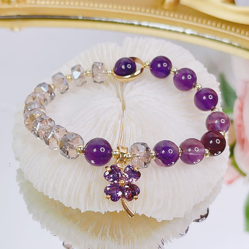 Nimara Ritual Amethyst Crystal Four Leaf Clover Healing Charm Bracelet