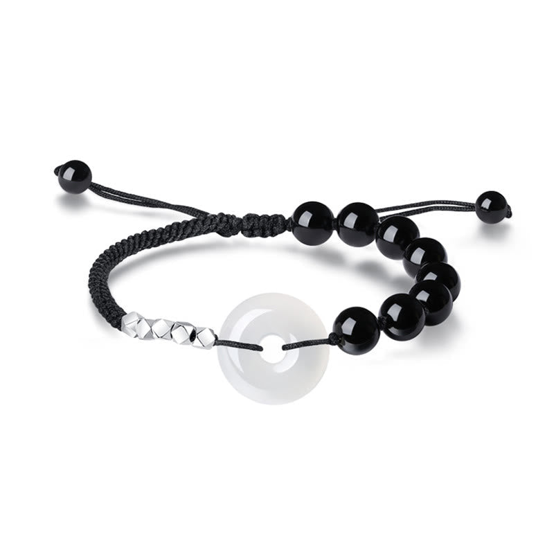 Nimara Ritual 925 Sterling Silver Black Obsidian Agate Peace Buckle Strength Bracelet
