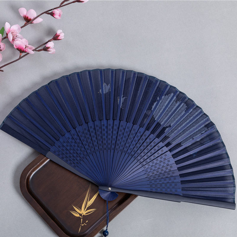 Nimara Ritual Crane Dragonfly Lotus Peony Plum Blossom Butterfly Handheld Silk Bamboo Folding Fan 22.5cm