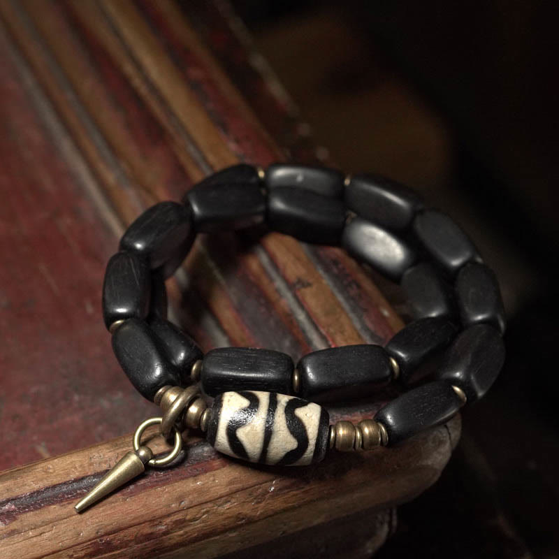 Nimara Ritual Tibet Ebony Wood Dzi Bead Copper Balance Double Wrap Bracelet