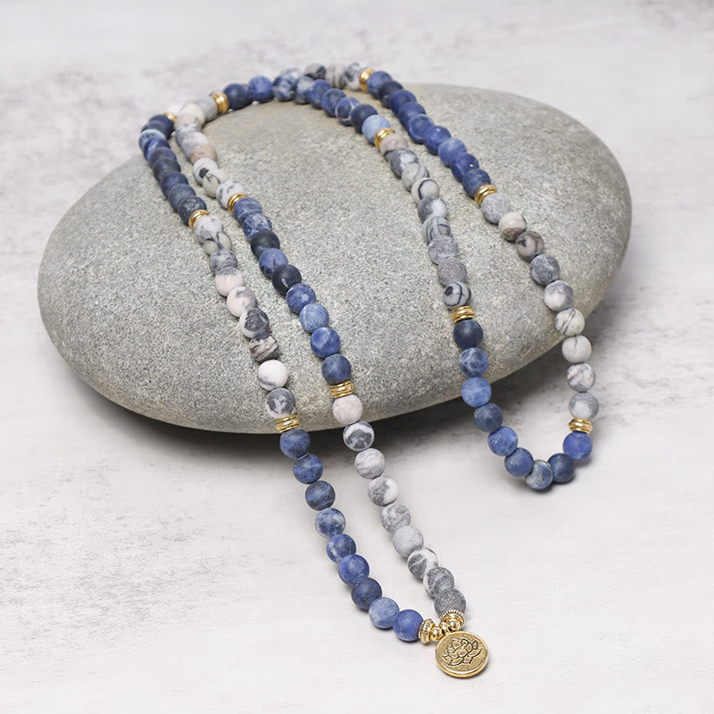 Nimara Ritual 108 Natural Stone Mala Bead Lotus Pendant Bracelet