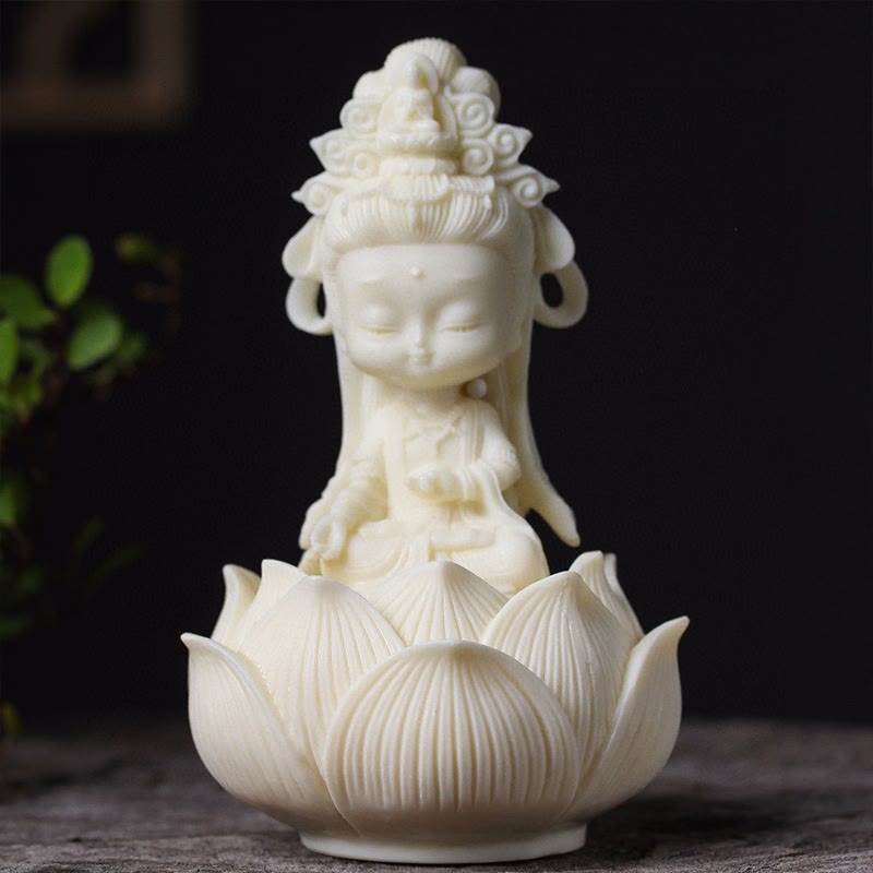 Nimara Ritual Mini Ivory Fruit Kwan Yin Avalokitesvara Lotus Wealth Desk Decoration