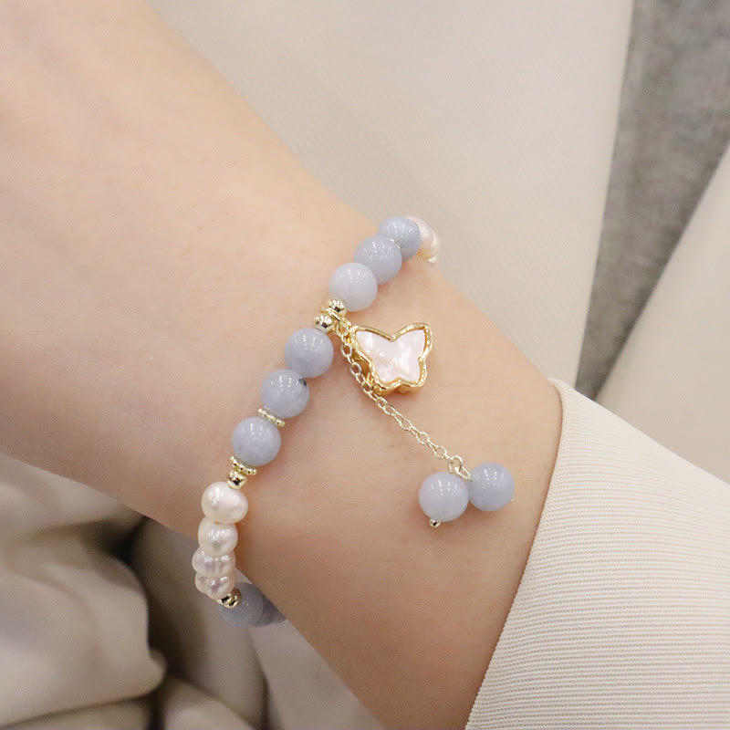 Nimara Ritual Natural Aquamarine Pearl Healing Ginkgo Leaf Butterfly Charm Bracelet