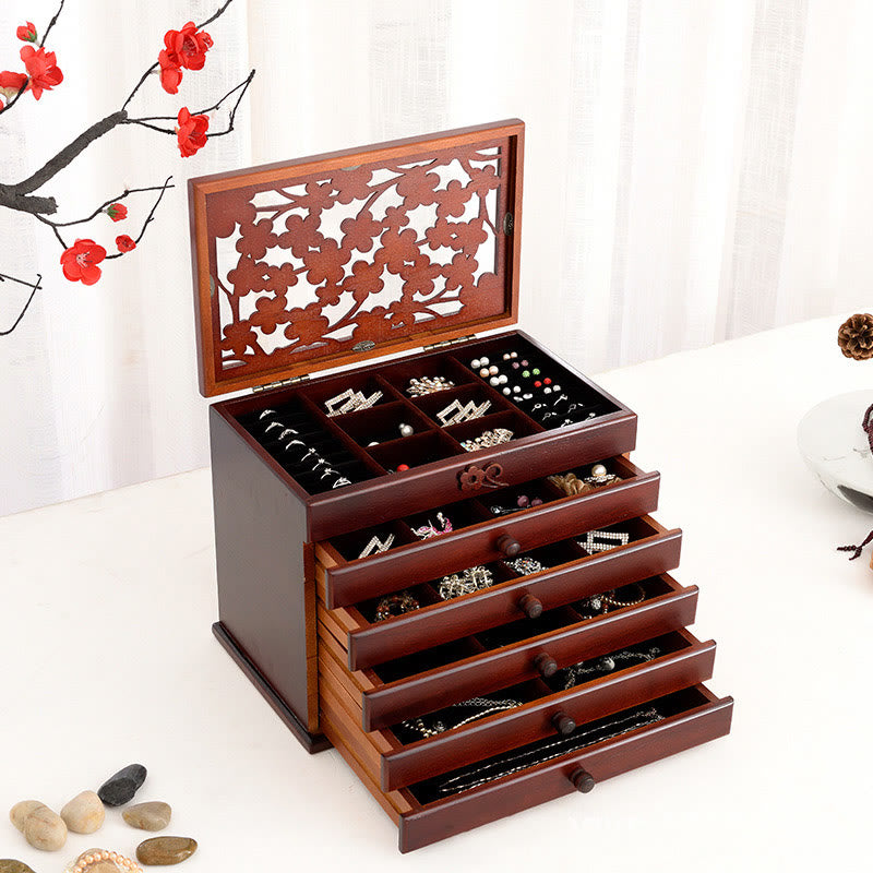 Nimara Ritual Vintage Plum Blossom Carved Wooden Jewelry Box Six-Layer Jewelry Storage Box