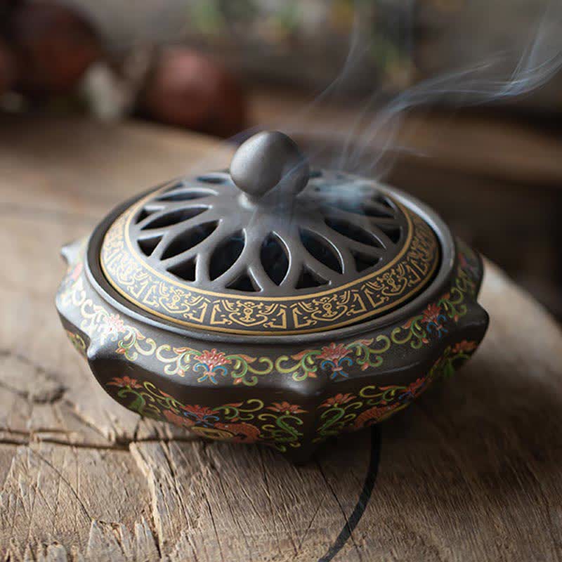 Nimara Ritual Tibetan Floral Pattern Ceramic Blessing Incense Burner Decoration