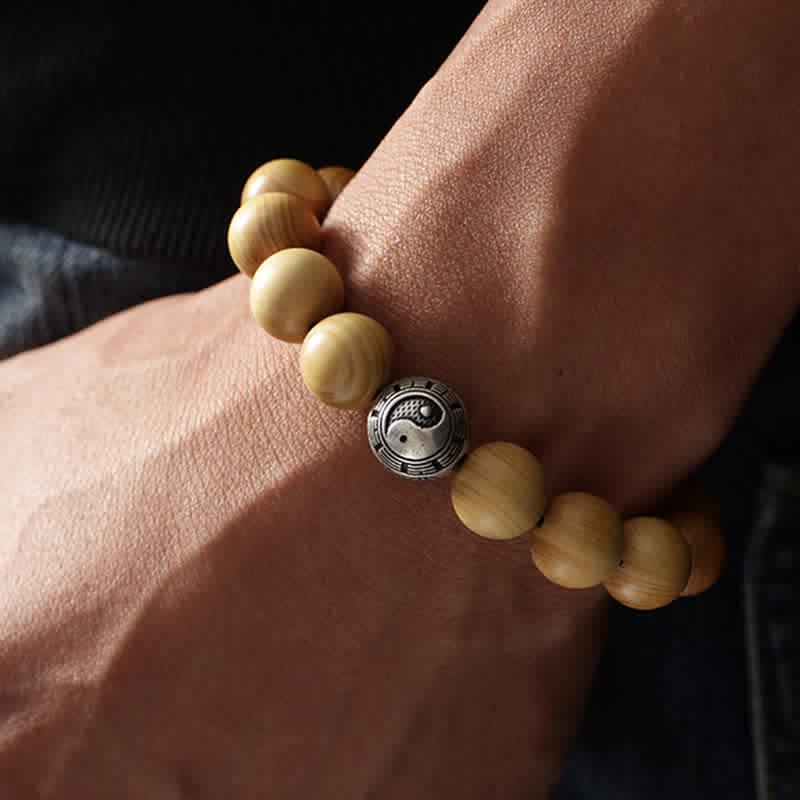Nimara Ritual Tibet Peach Wood Lotus Cinnabar Bagua Yin Yang Luck Wealth Bracelet