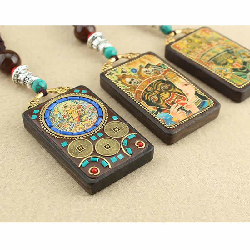 Nimara Ritual Tibet God of Wealth Thangka Ebony Peace Necklace Pendant