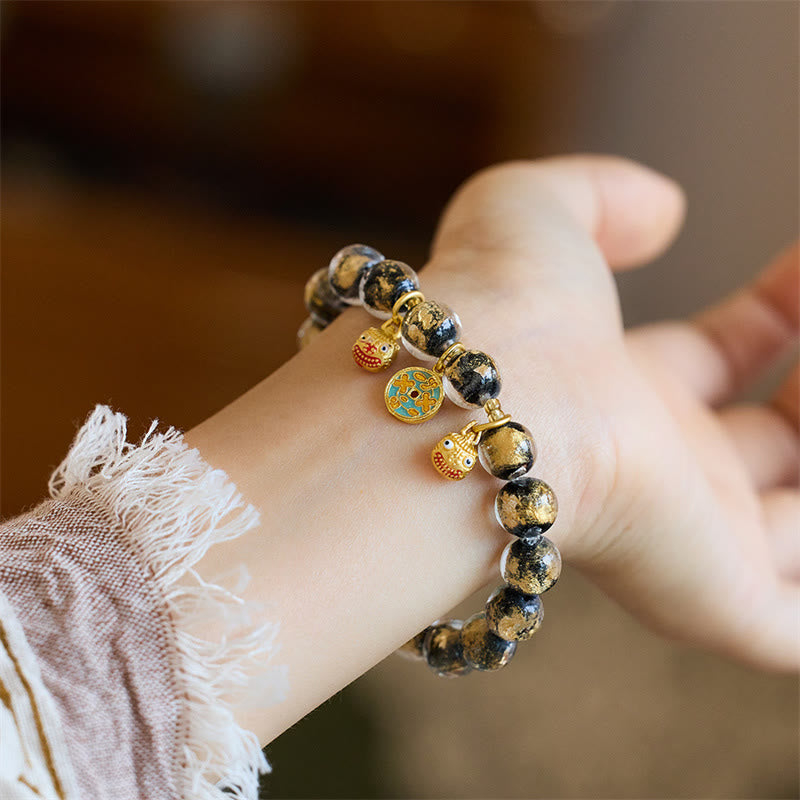 Nimara Ritual Gold Swallowing Beast Copper Coin Good Luck Charm Liuli Glass Bead Fortune Bracelet