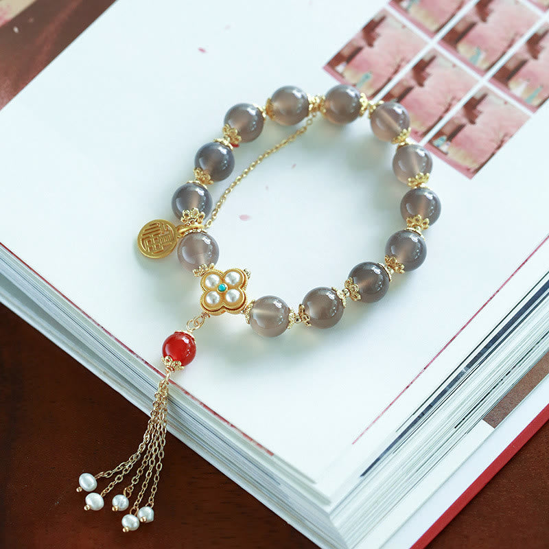 Nimara Ritual Natural Gray Agate Fu Character Pearl Tassel Balance Bracelet