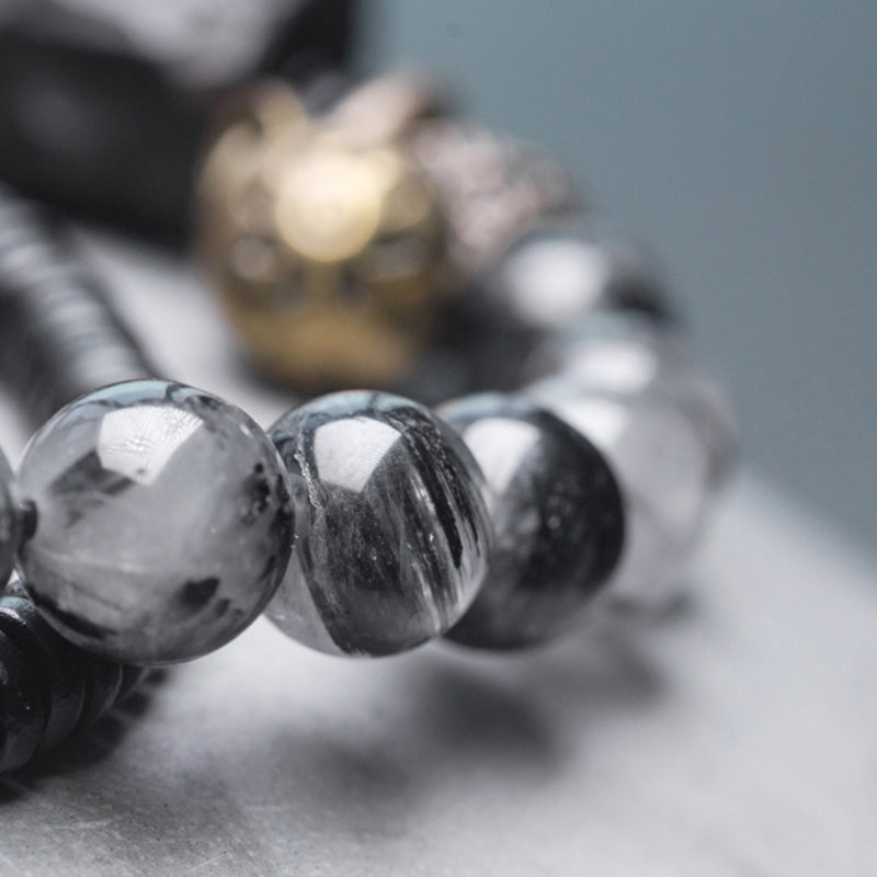 Nimara Ritual Black Rutilated Quartz Ebony Wood Copper Wisdom Couple Bracelet