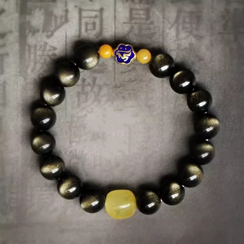 Nimara Ritual 925 Sterling Silver Chinese Zodiac Natal Buddha Natural Gold Sheen Obsidian Amber Wealth Protection Bracelet