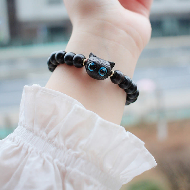 Nimara Ritual Ebony Wood Green Sandalwood Cute Cat Peace Bracelet