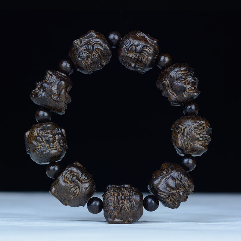 Nimara Ritual Ebony Wood Eighteen Arhats Lotus Dragon Engraved Balance Bracelet