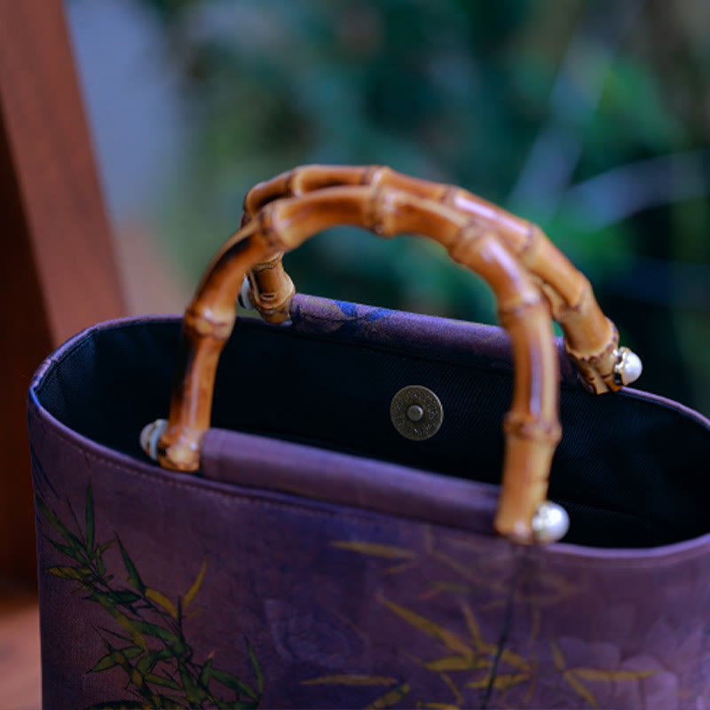 Nimara Ritual Purple Magpie Birds Branches Bamboo Handles Handbag