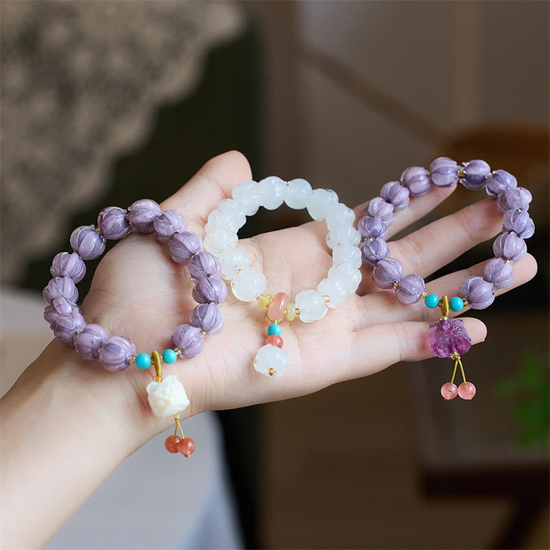 Nimara Ritual Liuli Glass Bead Lotus Design Fluorite Ivory Fruit Dancing Lion Charm Enlightenment Bracelet