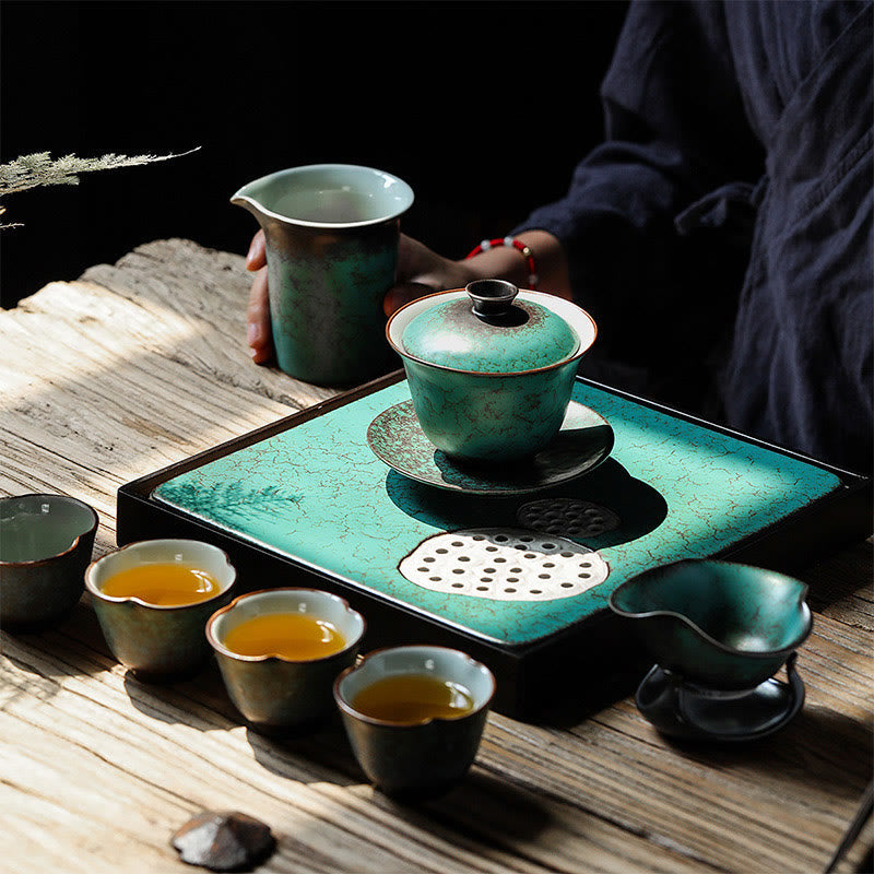 Nimara Ritual Retro Green Glaze Ceramic Gaiwan Sancai Teacup Kung Fu Tea Cup And Saucer With Lid