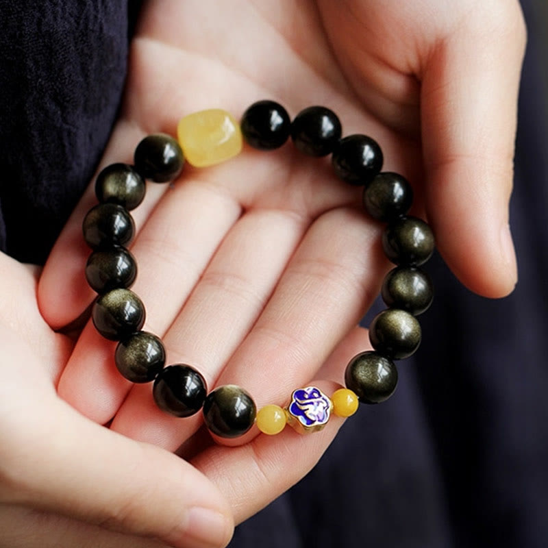 Nimara Ritual 925 Sterling Silver Chinese Zodiac Natal Buddha Natural Gold Sheen Obsidian Amber Wealth Protection Bracelet
