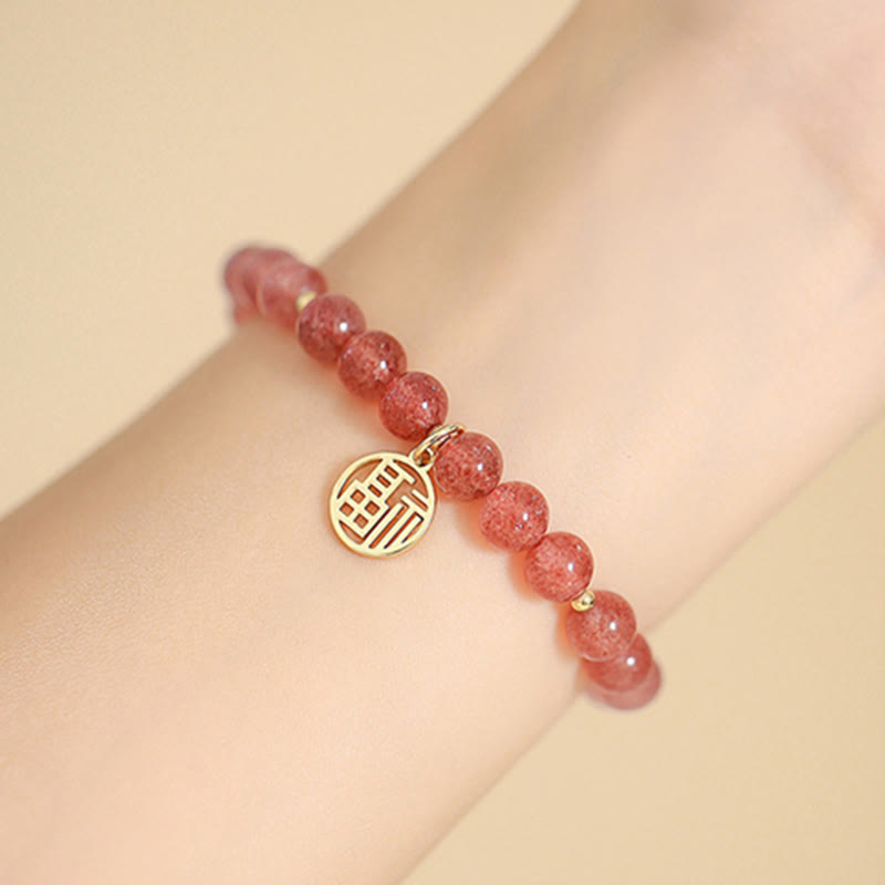 Nimara Ritual 14K Gold Plated Strawberry Quartz Fu Character Healing Charm Bracelet