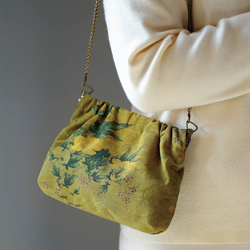Nimara Ritual Yellow Green Flower Black Persimmon Metal Chain Crossbody Bag Shoulder Bag Handbag