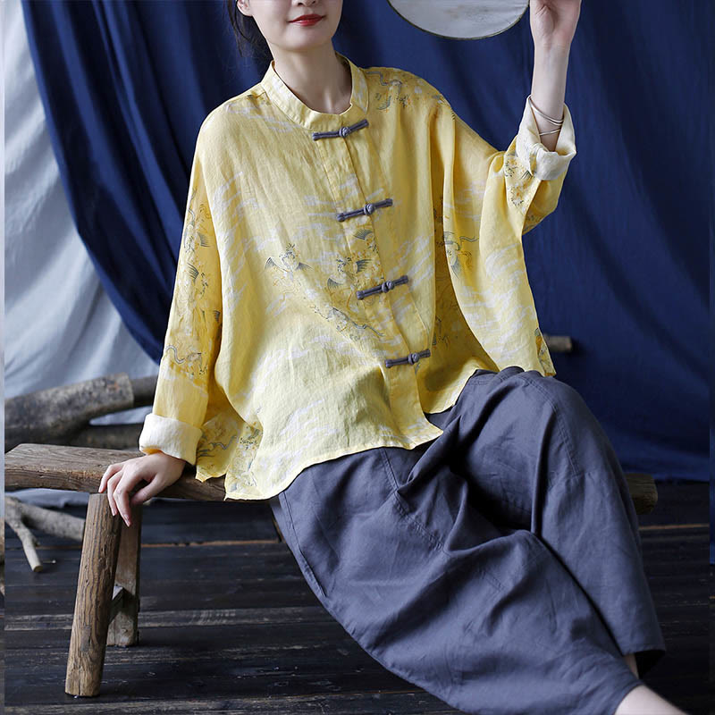 Nimara Ritual Yellow Phoenix Print Frog-button Design Long Sleeve Ramie Linen Jacket Shirt