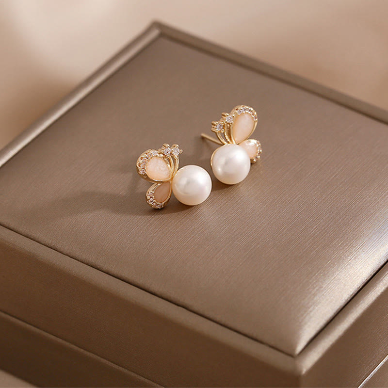 Nimara Ritual 18k Gold Plated Pearl Butterfly Love Freedom Stud Earrings