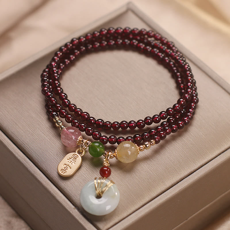 Nimara Ritual Natural Garnet Strawberry Quartz Crystal Fox Koi Fish Peace Buckle Fortune Protection Triple Wrap Bracelet
