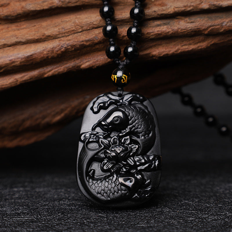 Nimara Ritual Natural Black Obsidian Koi Fish Lotus Strength Beaded Necklace Pendant