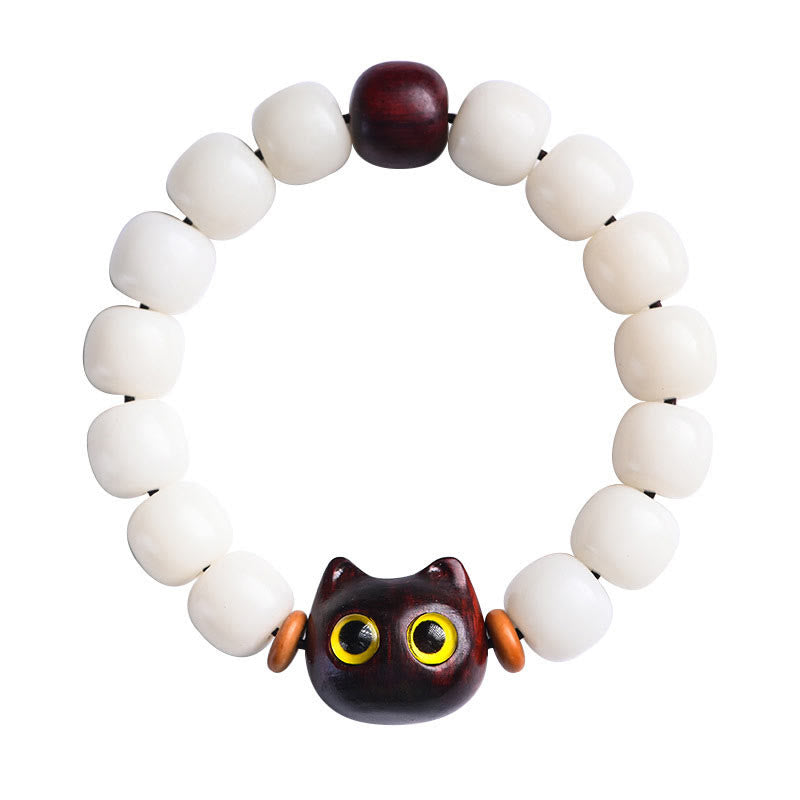 Nimara Ritual Natural Bodhi Seed Small Leaf Red Sandalwood Ebony Wood Cute Lucky Cat Wisdom Bracelet