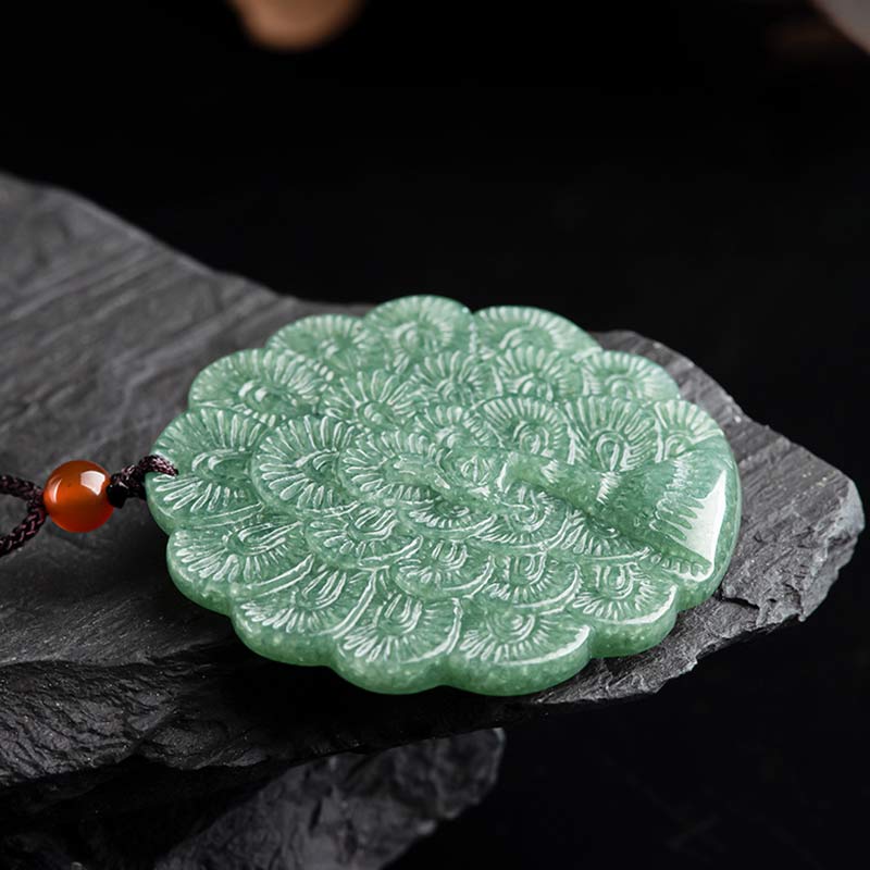Nimara Ritual Natural Jade Peacock Luck Prosperity Necklace Pendant