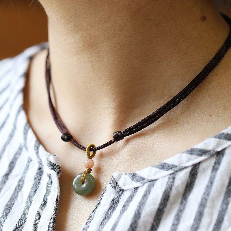 Nimara Ritual Natural Round Jade Peace Buckle Lotus Abundance String Necklace Pendant