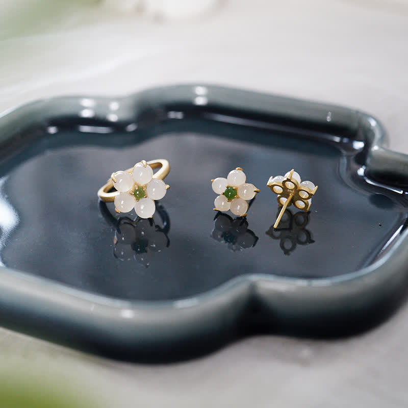 Release Negativity White Jade Flower Blessing Stud Earrings