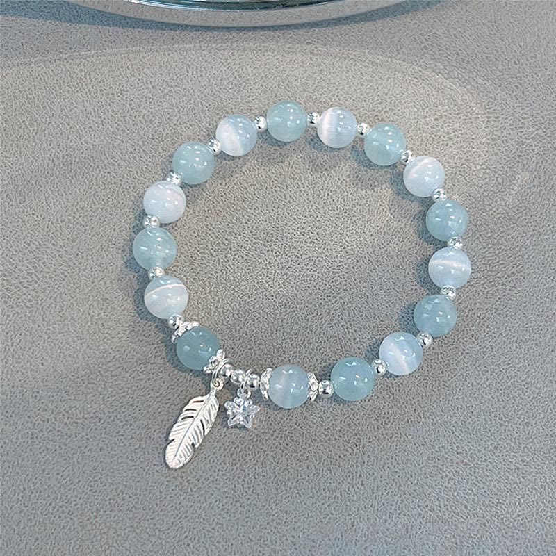 Nimara Ritual 925 Sterling Silver Aquamarine Cat's Eye Healing Feather Star Charm Bracelet
