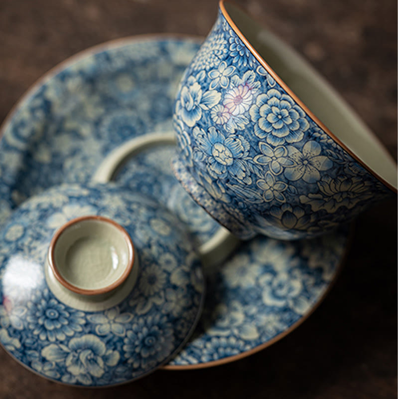 Nimara Ritual Vintage Blue And White Porcelain Peach Blossom Lotus Peony Ceramic Gaiwan Sancai Teacup Kung Fu Tea Cup And Saucer With Lid