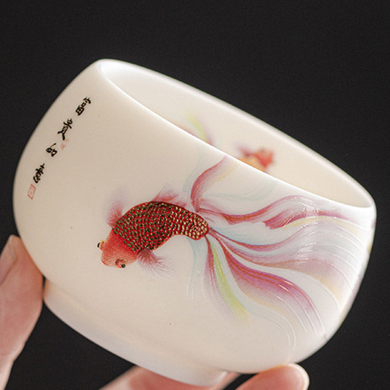 Nimara Ritual Koi Fish White Porcelain Ceramic Teacup Kung Fu Tea Cup
