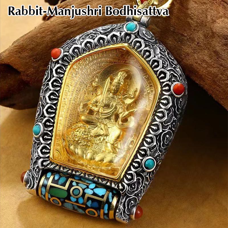 Nimara Ritual Tibet Chinese Zodiac Natal Buddha Thangka Prosperity Rotatable Dzi Bead Necklace Pendant
