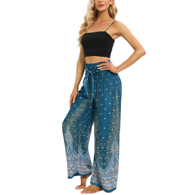 Nimara Ritual Boho Peacock Feathers Lace-up Wide Leg Pants Women's Yoga Pants