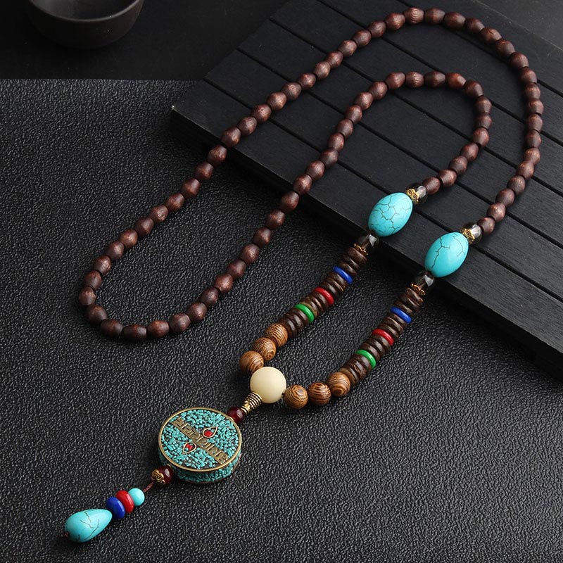 Nimara Ritual Turquoise Dzi Bead Prayer Wheel Wenge Wood Meditation Necklace