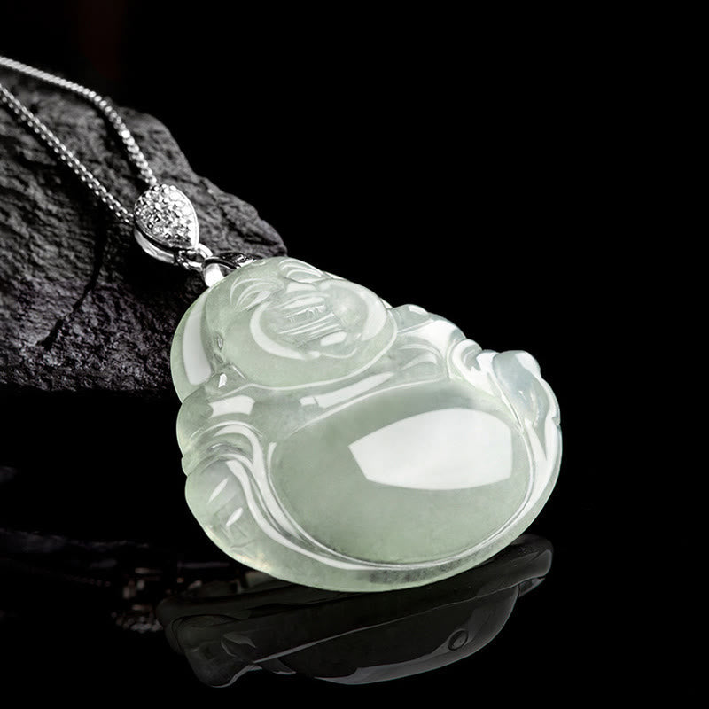 Nimara Ritual Natural Jade Laughing Buddha Prosperity Abundance Titanium Steel Chain Necklace Pendant