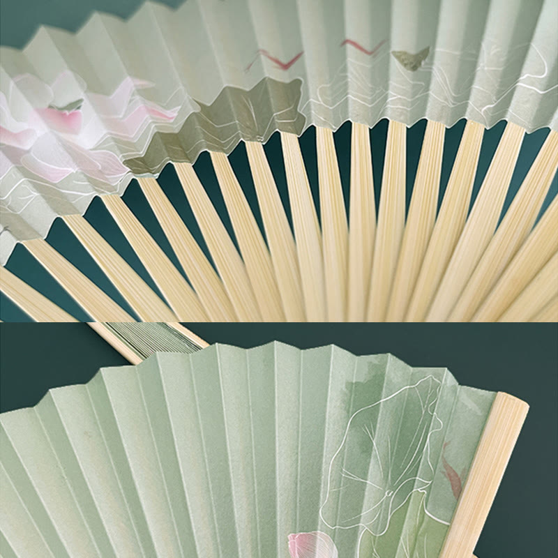 Nimara Ritual Lotus Flowers Leaf Koi Fish Handheld Paper Bamboo Folding Fan