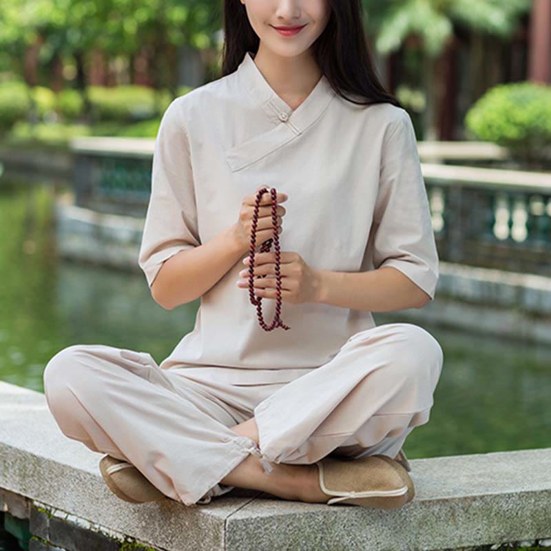 Nimara Ritual 2Pcs Half Sleeve V-Neck Shirt Top Pants Meditation Zen Tai Chi Linen Clothing Women's Set