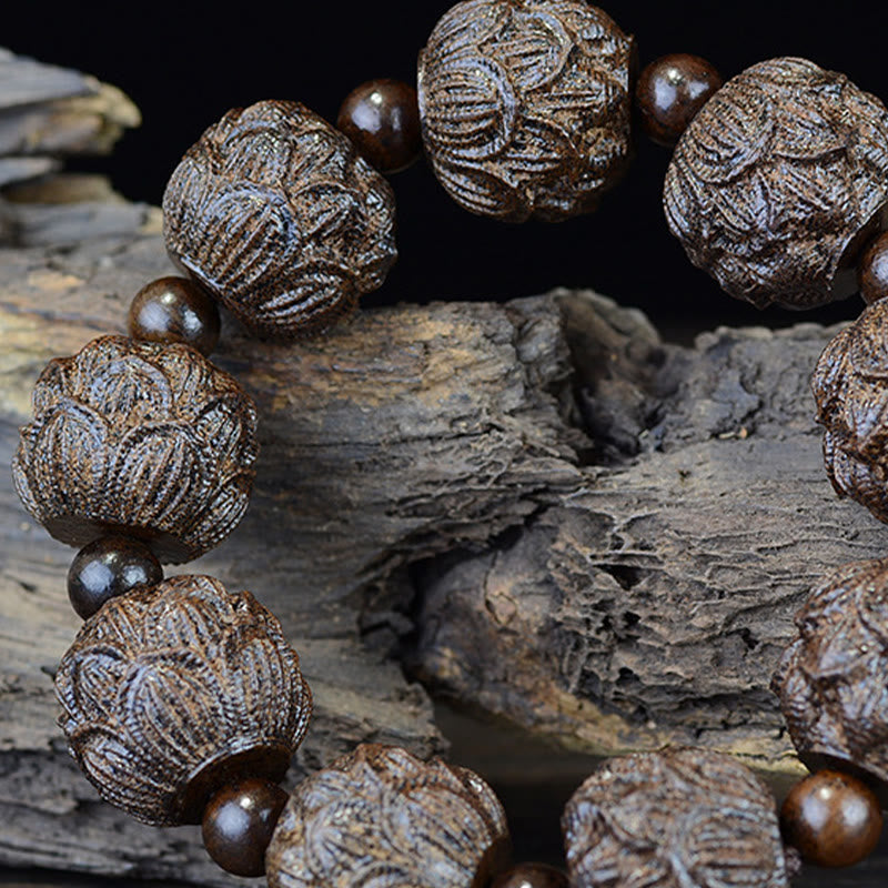 Nimara Ritual Ebony Wood Eighteen Arhats Lotus Dragon Engraved Balance Bracelet