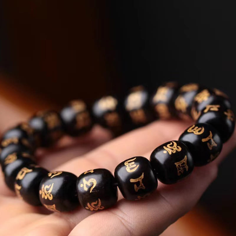 Nimara Ritual Tibetan Ebony Wood Om Mani Padme Hum Engraved Peace Bracelet