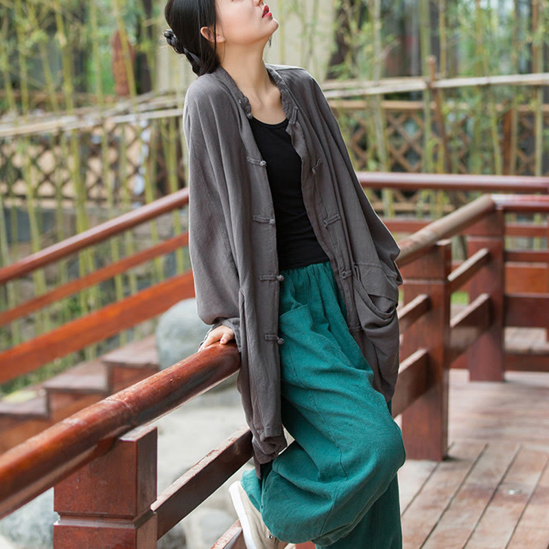 Nimara Ritual Frog-Button Long Sleeve Zen Meditation Open Front Jacket With Pockets