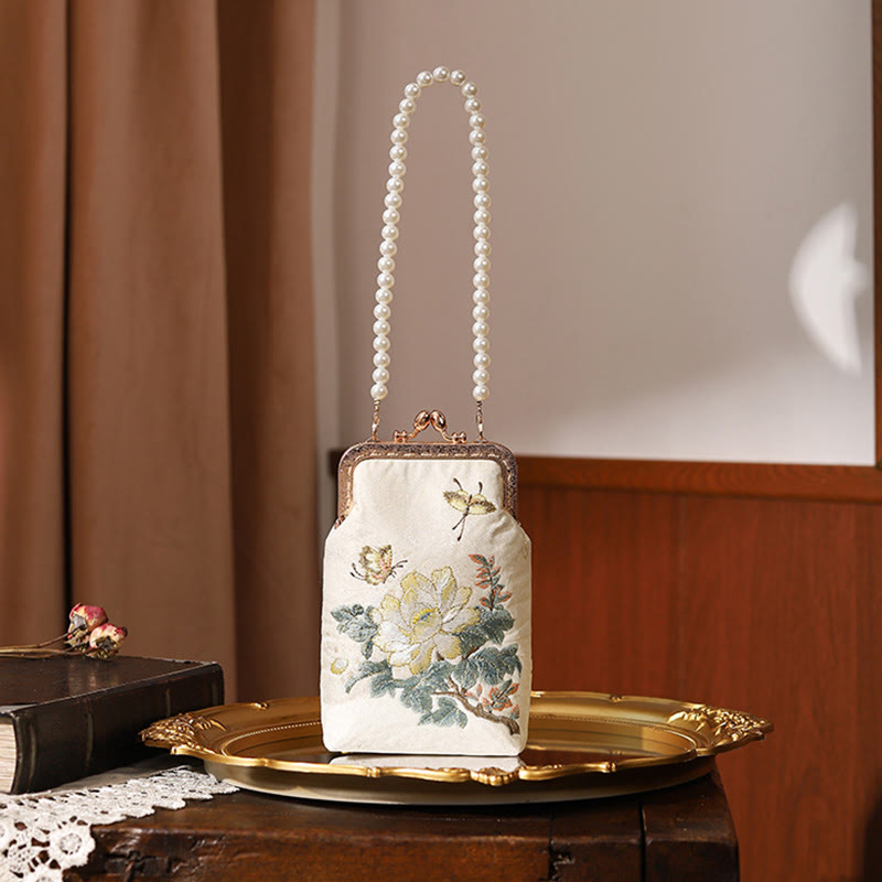 Nimara Ritual Small Flowers Butterfly Embroidered Pearl Metal Chain Shoulder Bag Crossbody Handbag Cellphone Bag