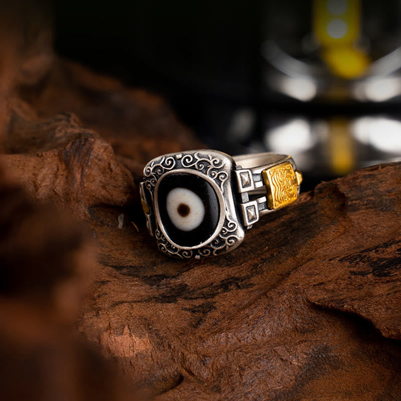 Nimara Ritual 925 Sterling Silver Zakiram Goddess of Wealth Design Dzi Bead Protection Ring